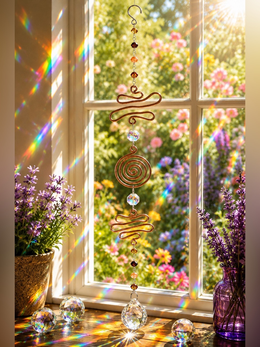 Copper Spiral Crystal Beaded Suncatcher Hanging - Copper Browns